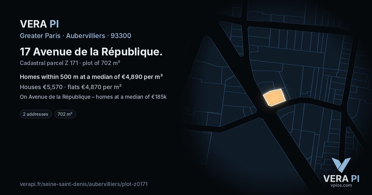 17 Avenue de la République, Aubervilliers at night – the plot lit, the parcels around coloured by the prices near them