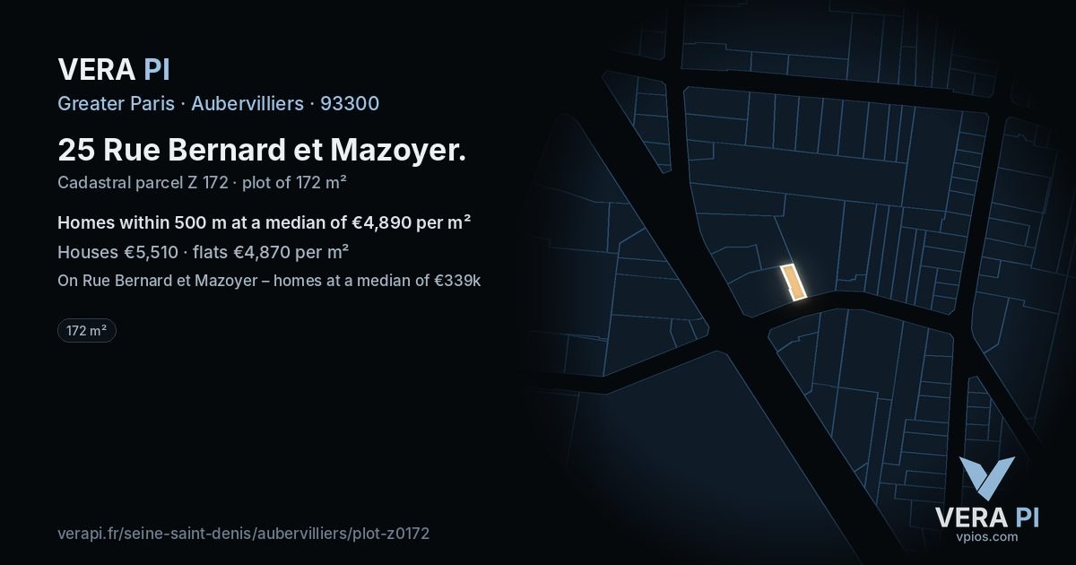 25 Rue Bernard et Mazoyer, Aubervilliers at night – the plot lit, the parcels around coloured by the prices near them