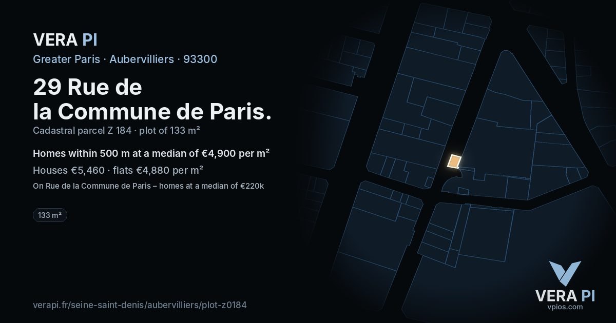 29 Rue de la Commune de Paris, Aubervilliers at night – the plot lit, the parcels around coloured by the prices near them