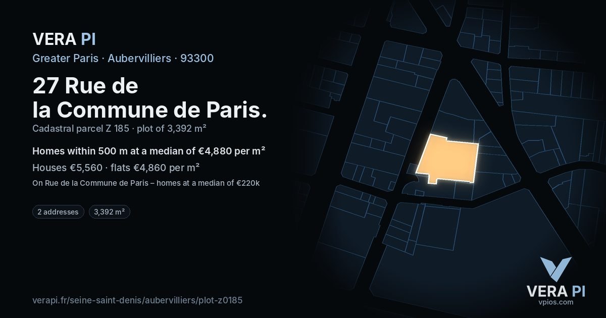 27 Rue de la Commune de Paris, Aubervilliers at night – the plot lit, the parcels around coloured by the prices near them