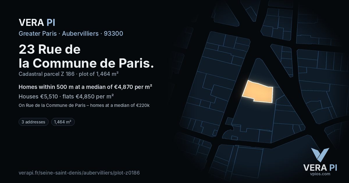 23 Rue de la Commune de Paris, Aubervilliers at night – the plot lit, the parcels around coloured by the prices near them