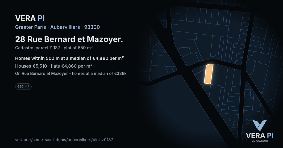 28 Rue Bernard et Mazoyer, Aubervilliers at night – the plot lit, the parcels around coloured by the prices near them