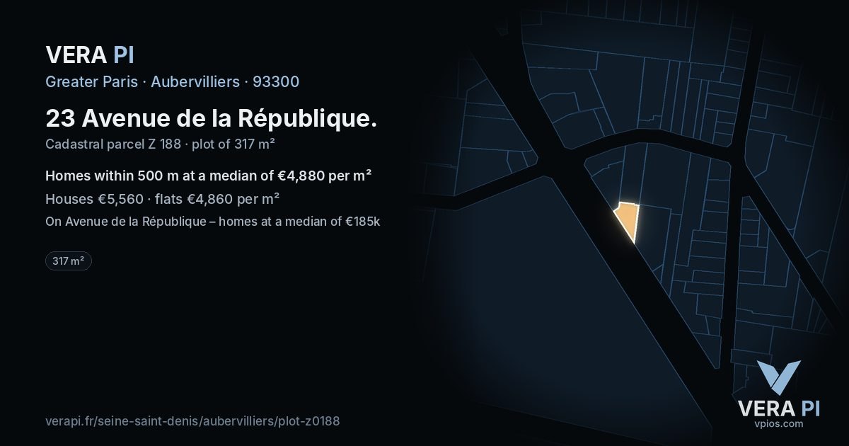 23 Avenue de la République, Aubervilliers at night – the plot lit, the parcels around coloured by the prices near them