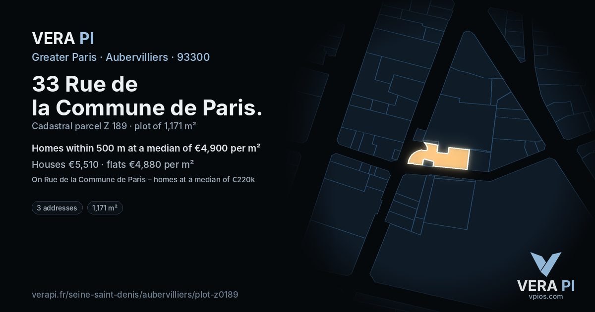 33 Rue de la Commune de Paris, Aubervilliers at night – the plot lit, the parcels around coloured by the prices near them