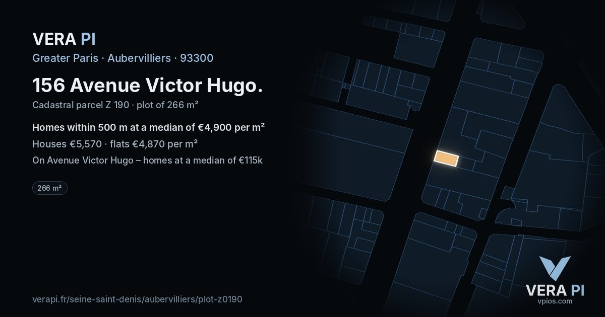 156 Avenue Victor Hugo, Aubervilliers at night – the plot lit, the parcels around coloured by the prices near them