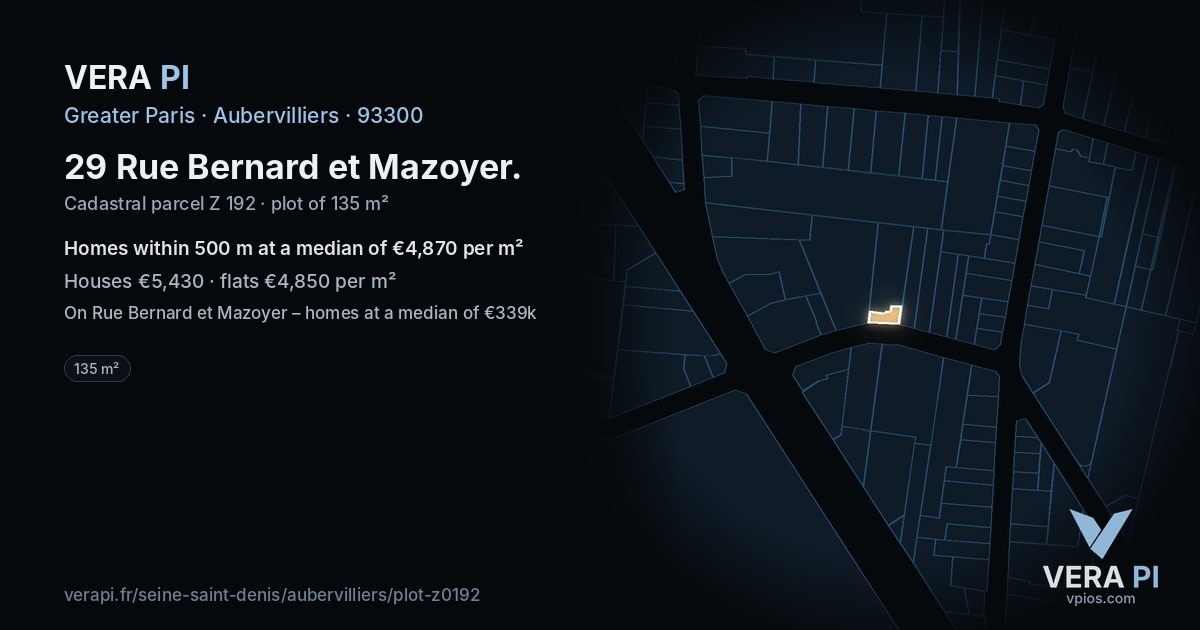 29 Rue Bernard et Mazoyer, Aubervilliers at night – the plot lit, the parcels around coloured by the prices near them