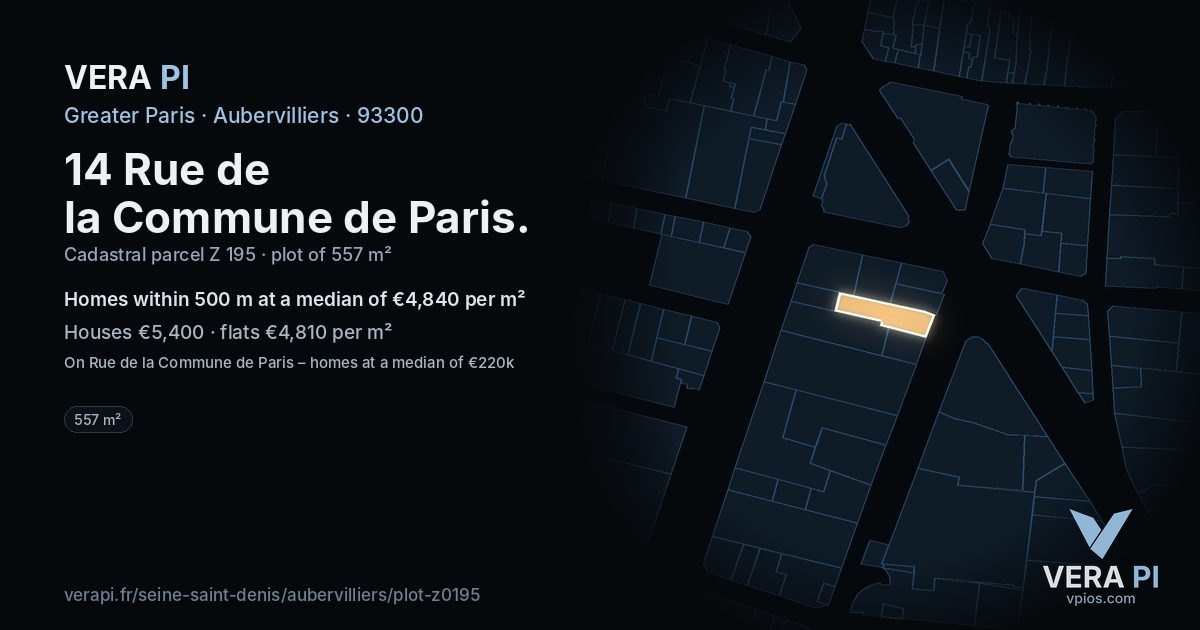 14 Rue de la Commune de Paris, Aubervilliers at night – the plot lit, the parcels around coloured by the prices near them
