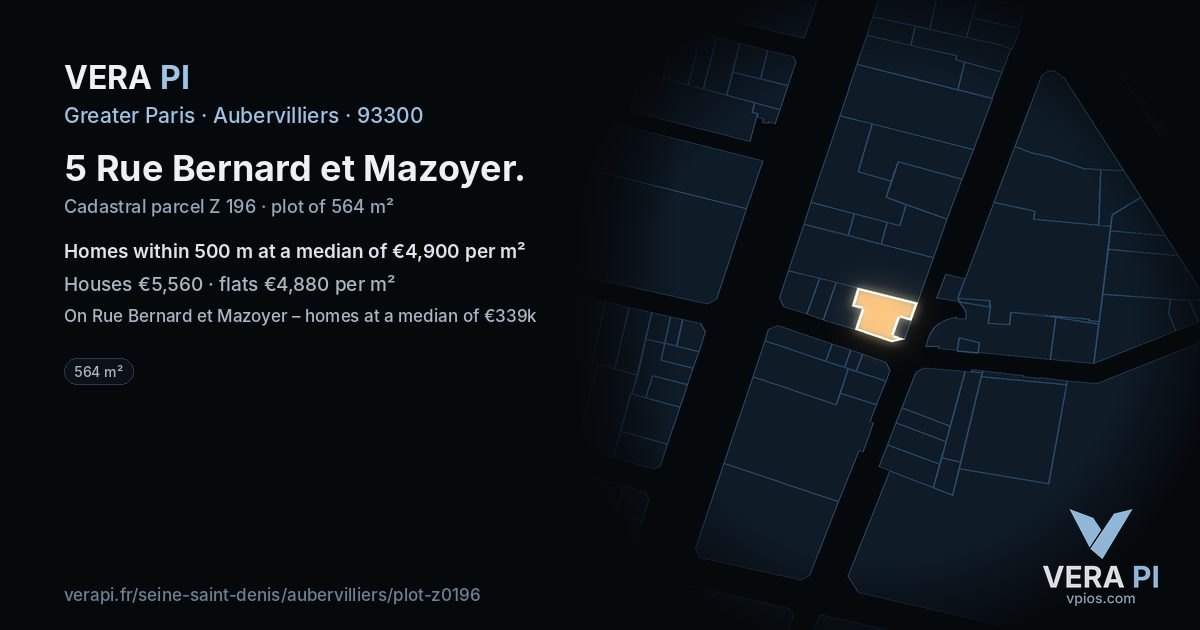 5 Rue Bernard et Mazoyer, Aubervilliers at night – the plot lit, the parcels around coloured by the prices near them