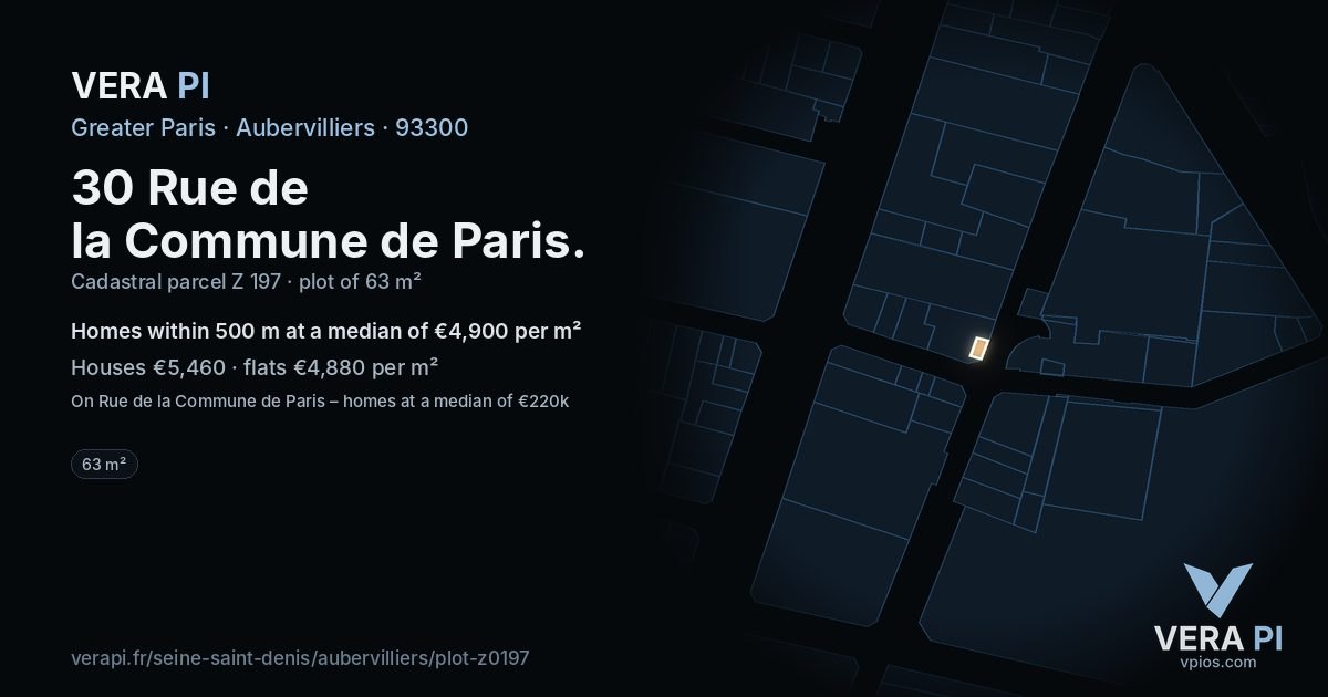30 Rue de la Commune de Paris, Aubervilliers at night – the plot lit, the parcels around coloured by the prices near them