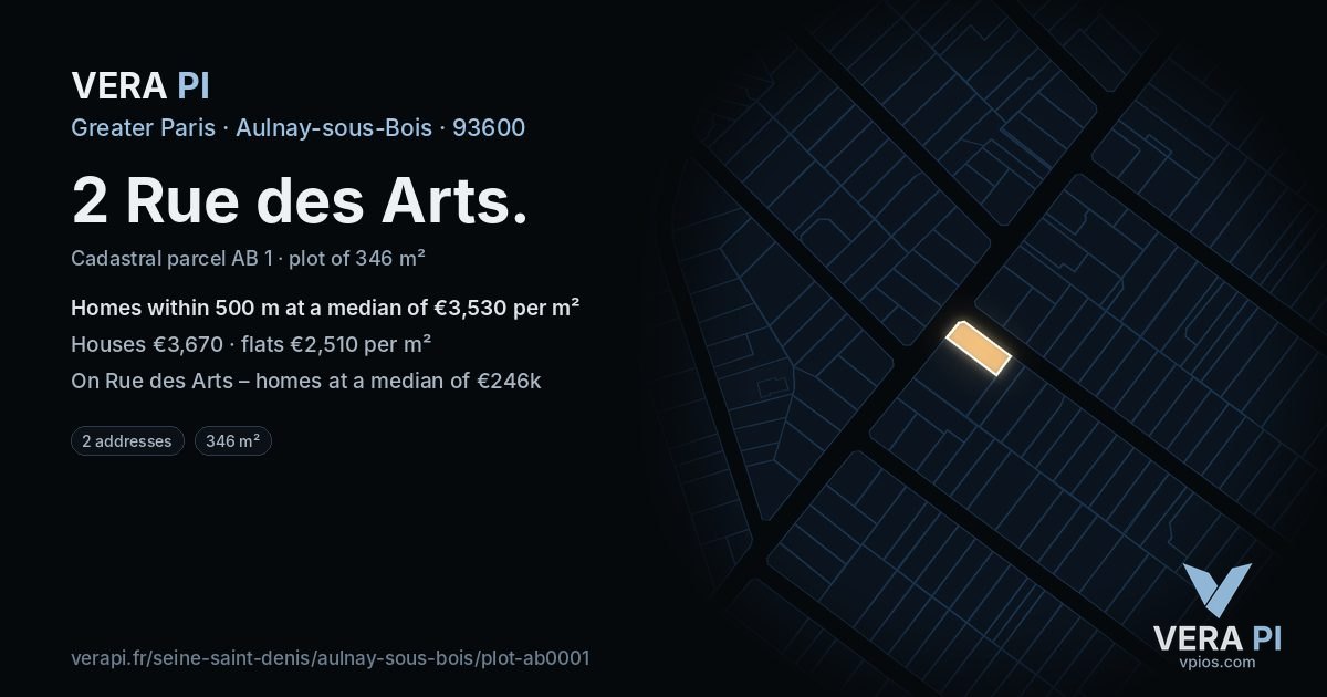 2 Rue des Arts, Aulnay-sous-Bois at night – the plot lit, the parcels around coloured by the prices near them
