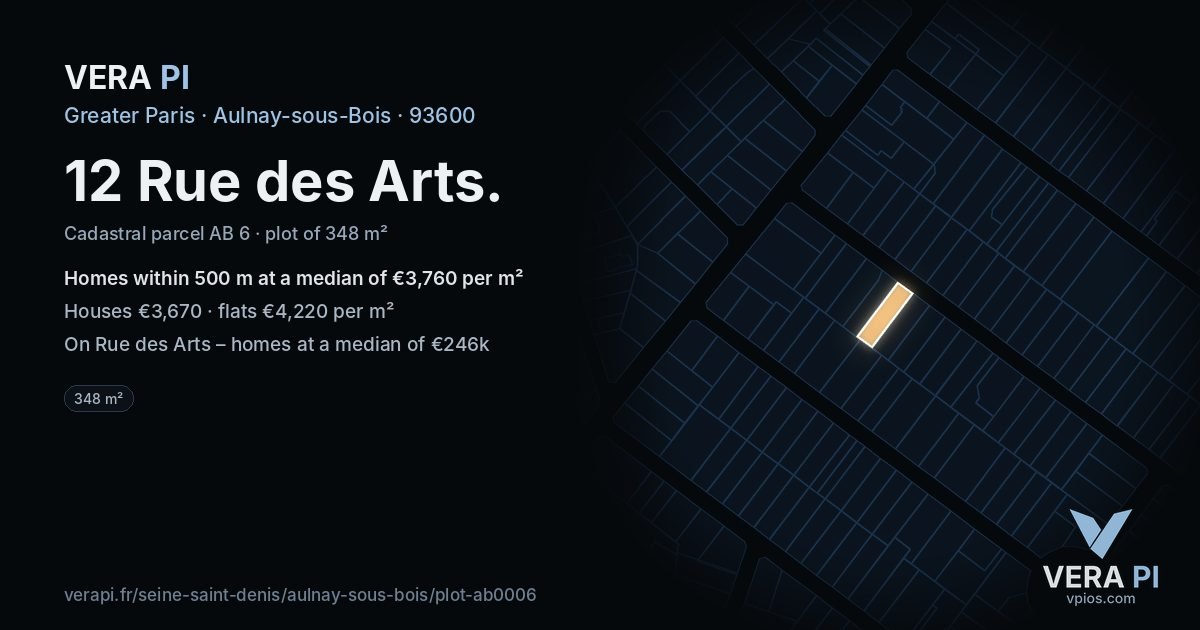 12 Rue des Arts, Aulnay-sous-Bois at night – the plot lit, the parcels around coloured by the prices near them