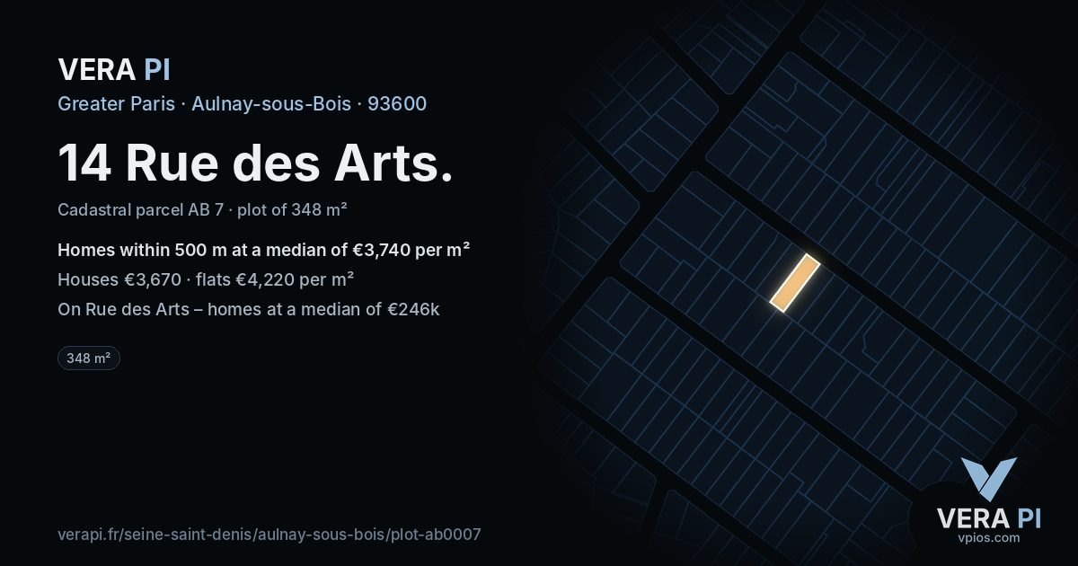 14 Rue des Arts, Aulnay-sous-Bois at night – the plot lit, the parcels around coloured by the prices near them