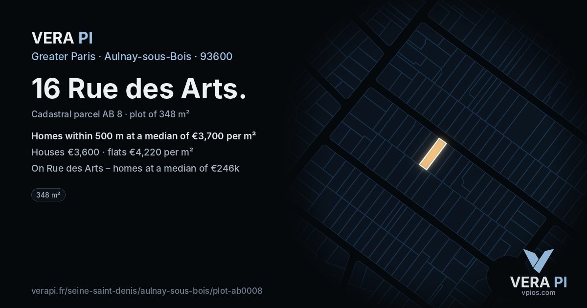16 Rue des Arts, Aulnay-sous-Bois at night – the plot lit, the parcels around coloured by the prices near them
