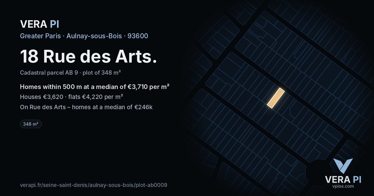 18 Rue des Arts, Aulnay-sous-Bois at night – the plot lit, the parcels around coloured by the prices near them