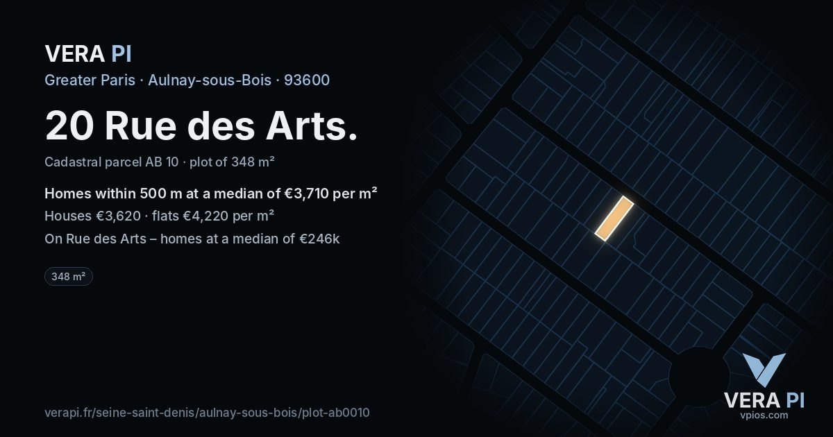 20 Rue des Arts, Aulnay-sous-Bois at night – the plot lit, the parcels around coloured by the prices near them