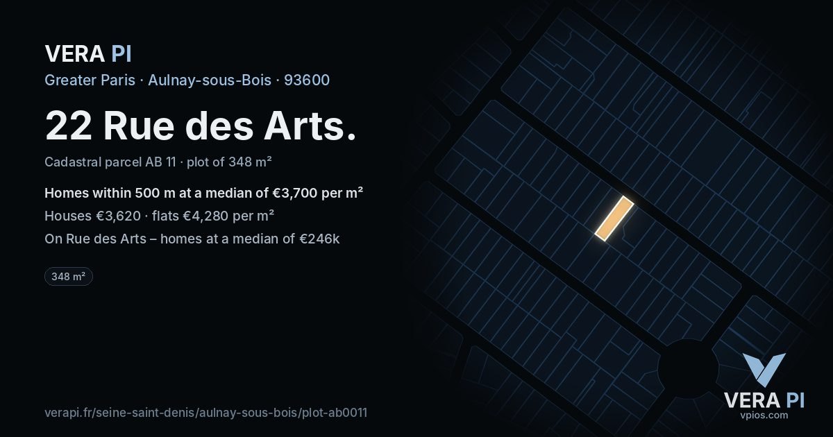 22 Rue des Arts, Aulnay-sous-Bois at night – the plot lit, the parcels around coloured by the prices near them