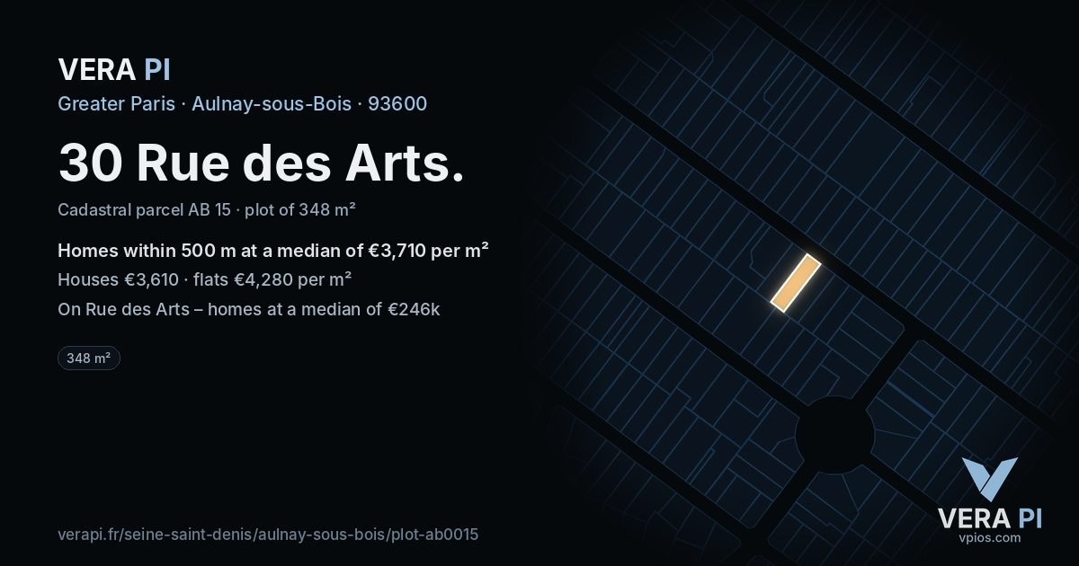 30 Rue des Arts, Aulnay-sous-Bois at night – the plot lit, the parcels around coloured by the prices near them