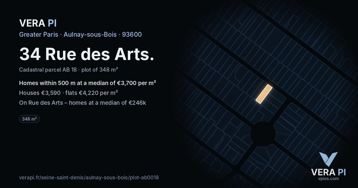 34 Rue des Arts, Aulnay-sous-Bois at night – the plot lit, the parcels around coloured by the prices near them