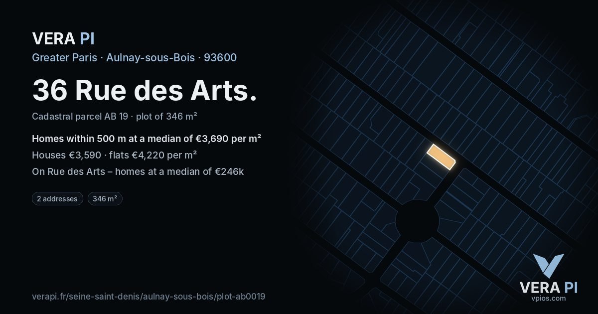 36 Rue des Arts, Aulnay-sous-Bois at night – the plot lit, the parcels around coloured by the prices near them