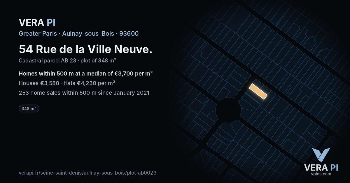 54 Rue de la Ville Neuve, Aulnay-sous-Bois at night – the plot lit, the parcels around coloured by the prices near them