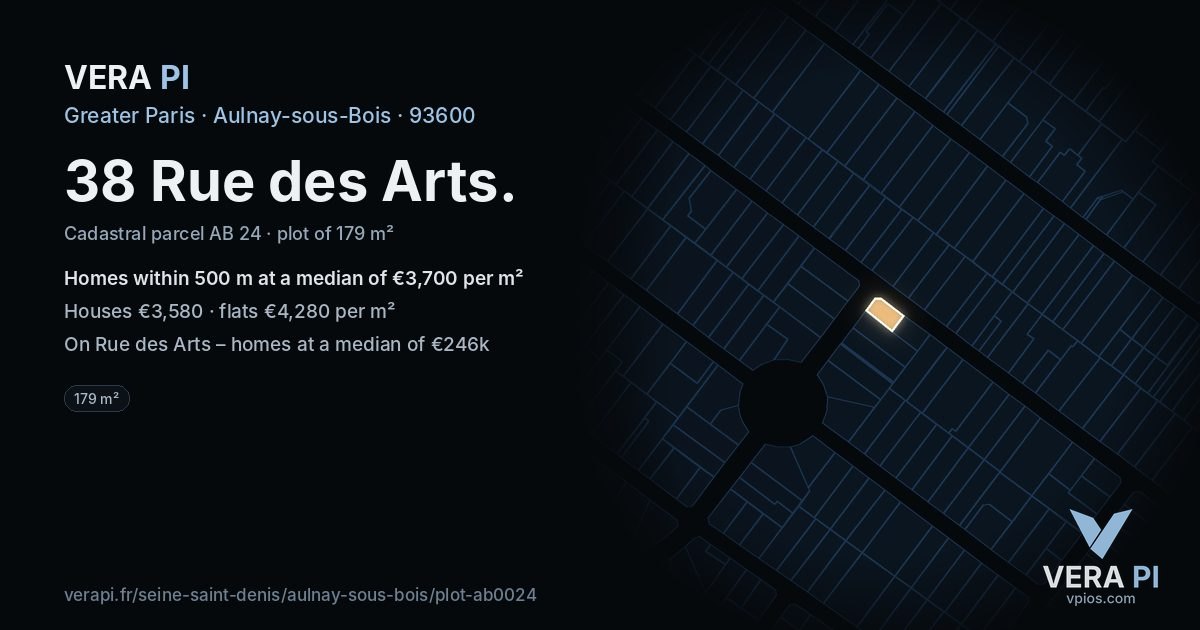 38 Rue des Arts, Aulnay-sous-Bois at night – the plot lit, the parcels around coloured by the prices near them