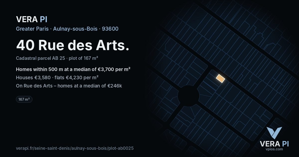 40 Rue des Arts, Aulnay-sous-Bois at night – the plot lit, the parcels around coloured by the prices near them