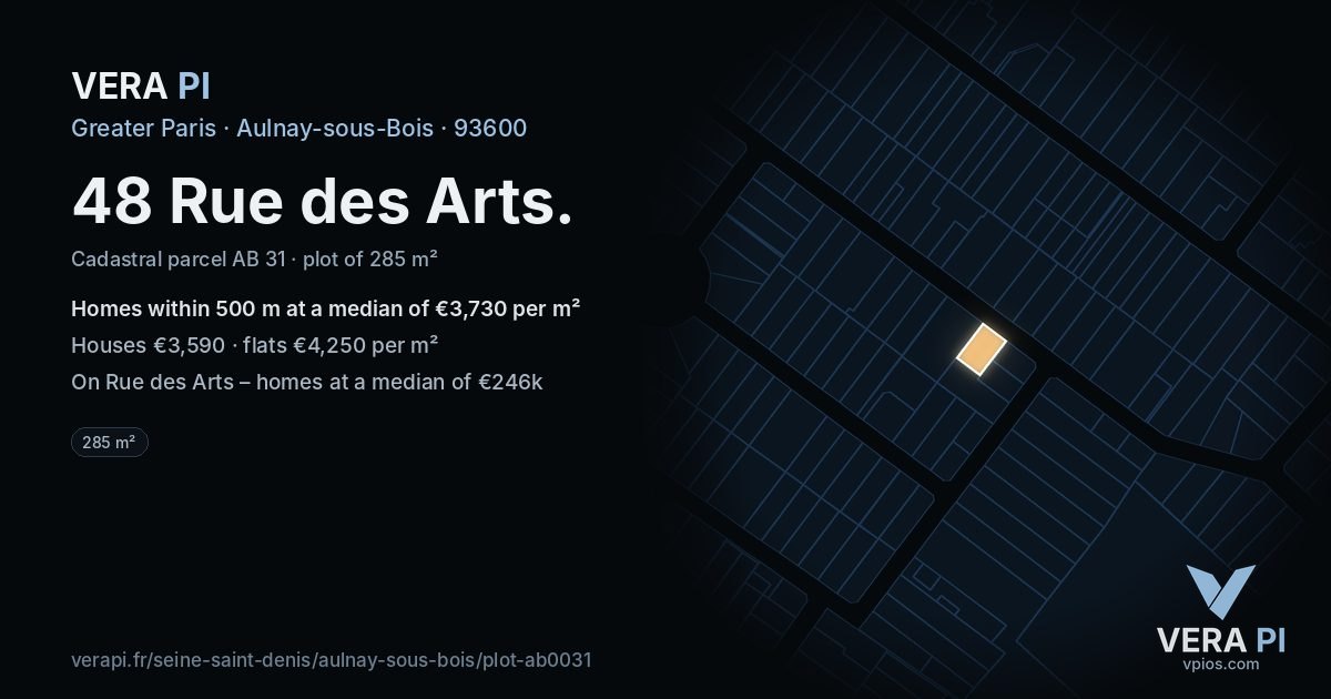 48 Rue des Arts, Aulnay-sous-Bois at night – the plot lit, the parcels around coloured by the prices near them