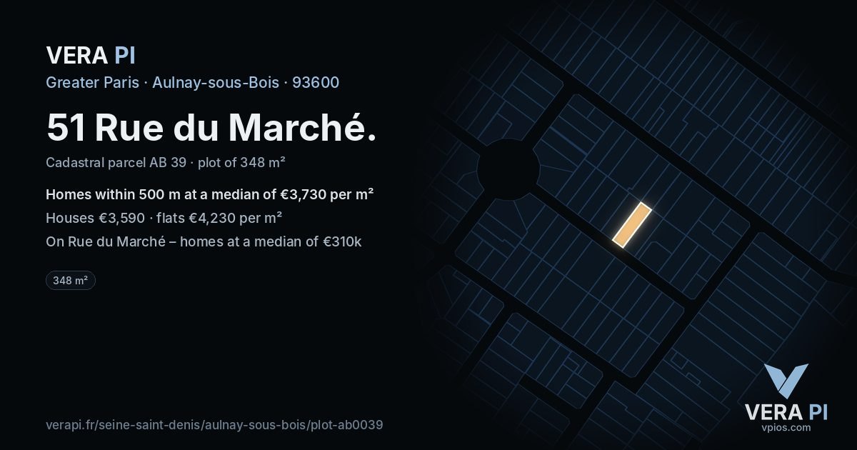 51 Rue du Marché, Aulnay-sous-Bois at night – the plot lit, the parcels around coloured by the prices near them