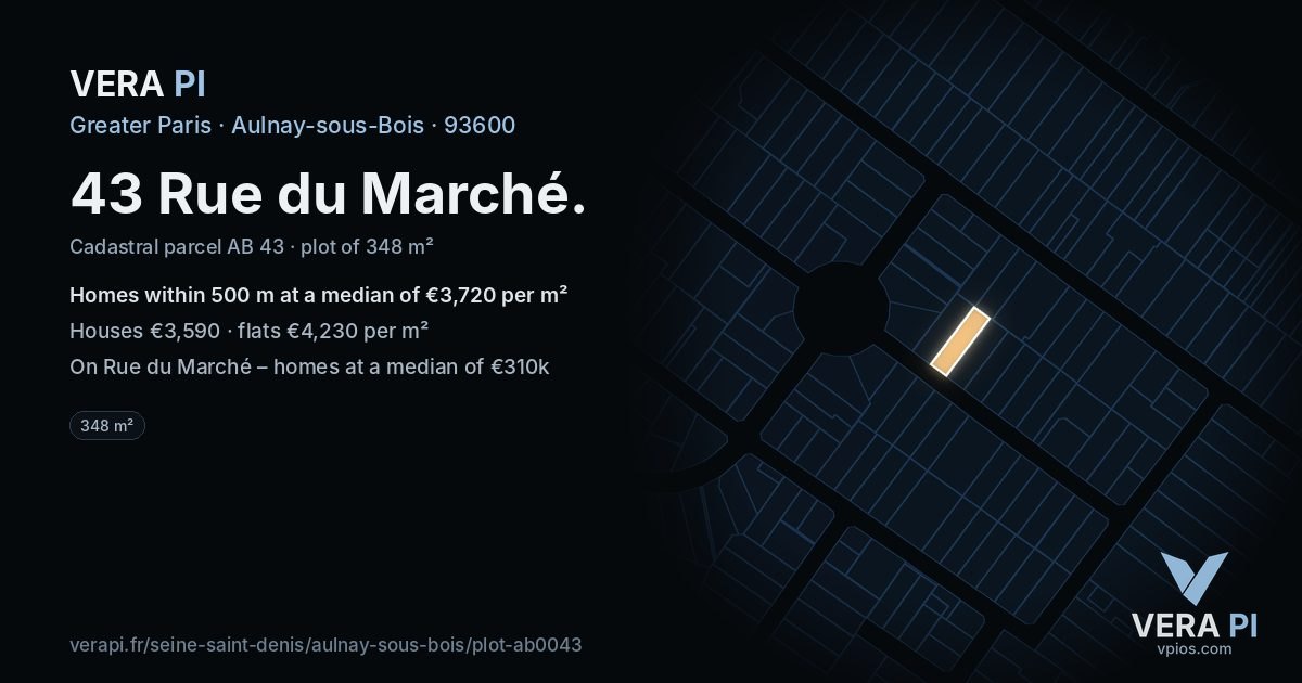 43 Rue du Marché, Aulnay-sous-Bois at night – the plot lit, the parcels around coloured by the prices near them