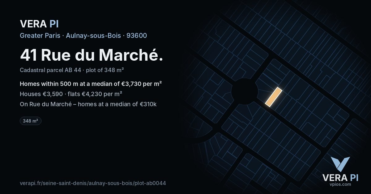 41 Rue du Marché, Aulnay-sous-Bois at night – the plot lit, the parcels around coloured by the prices near them
