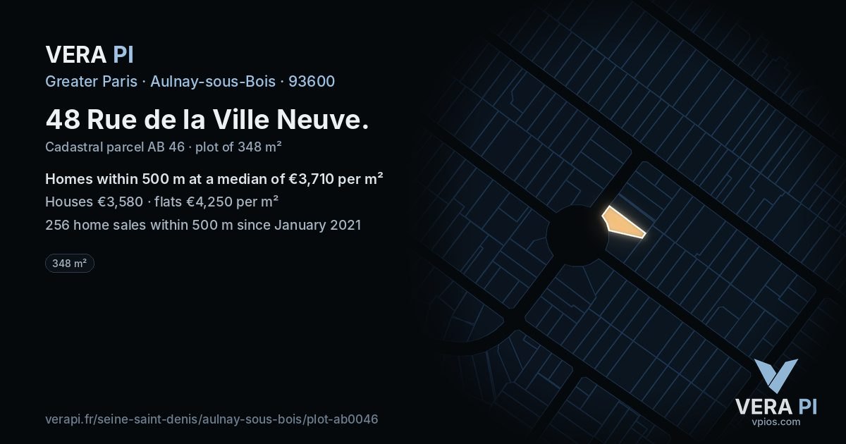 48 Rue de la Ville Neuve, Aulnay-sous-Bois at night – the plot lit, the parcels around coloured by the prices near them