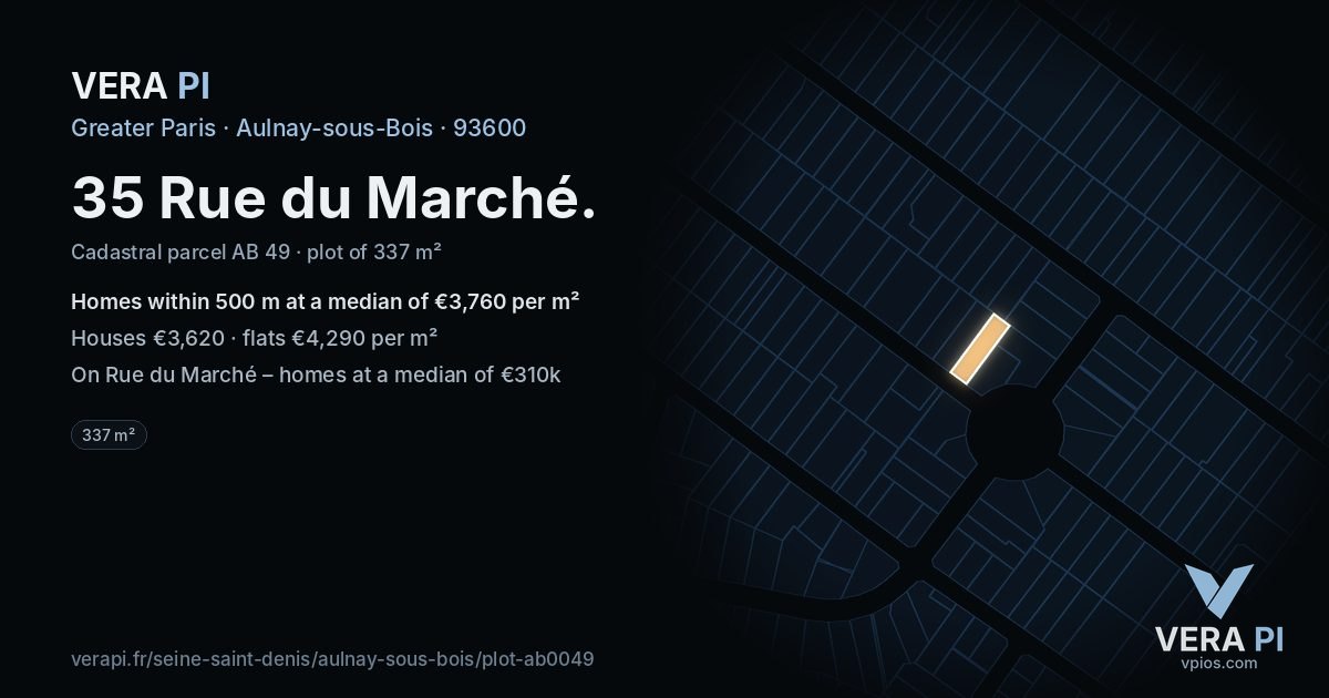 35 Rue du Marché, Aulnay-sous-Bois at night – the plot lit, the parcels around coloured by the prices near them
