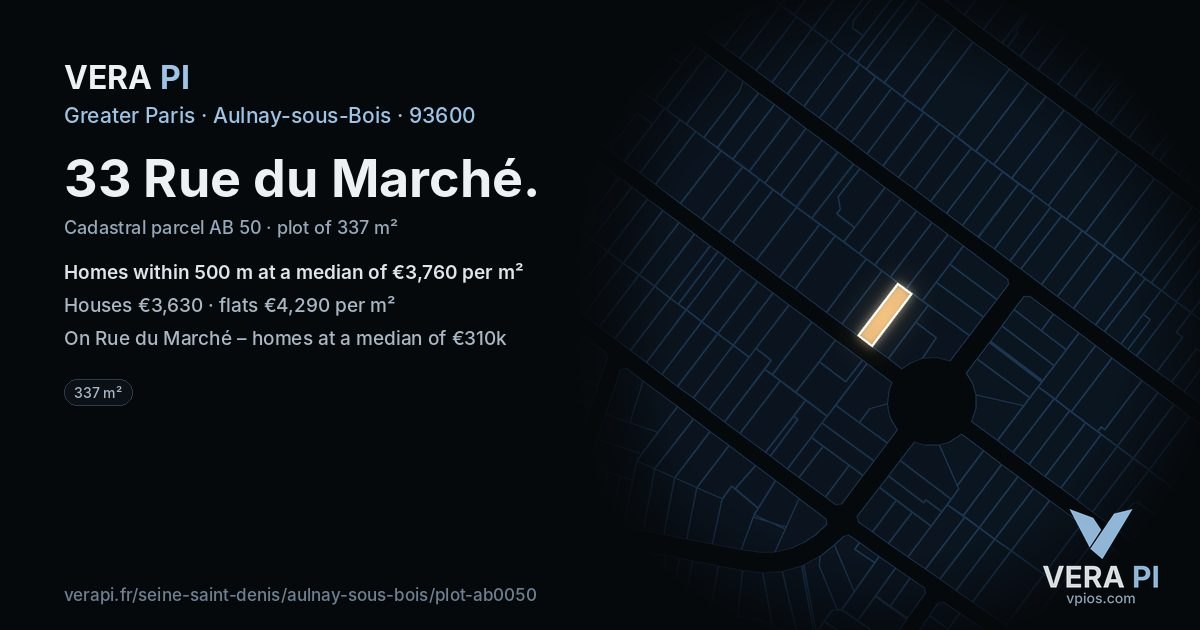 33 Rue du Marché, Aulnay-sous-Bois at night – the plot lit, the parcels around coloured by the prices near them
