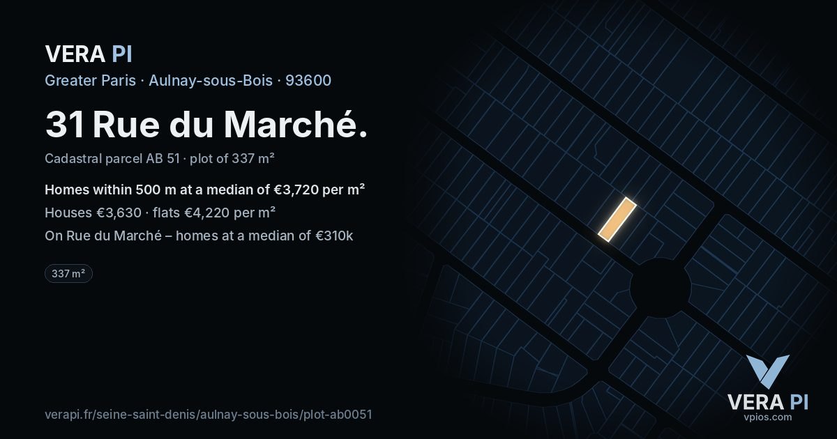31 Rue du Marché, Aulnay-sous-Bois at night – the plot lit, the parcels around coloured by the prices near them