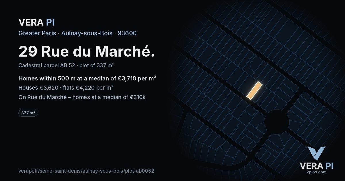 29 Rue du Marché, Aulnay-sous-Bois at night – the plot lit, the parcels around coloured by the prices near them