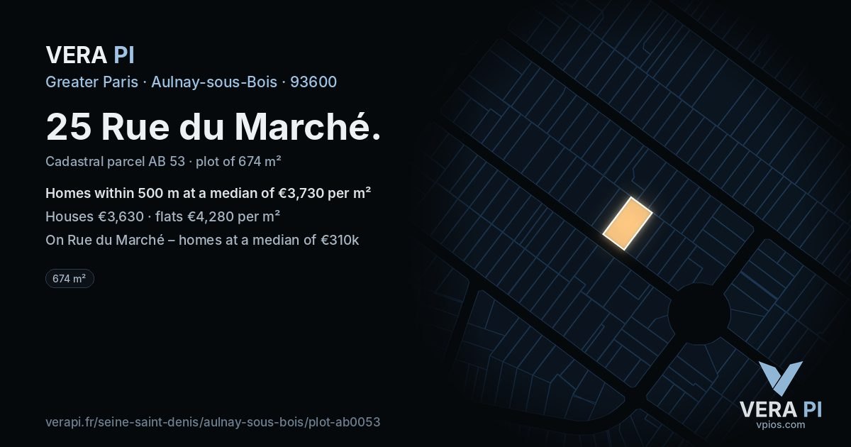25 Rue du Marché, Aulnay-sous-Bois at night – the plot lit, the parcels around coloured by the prices near them
