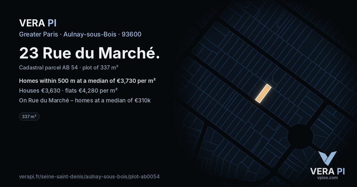 23 Rue du Marché, Aulnay-sous-Bois at night – the plot lit, the parcels around coloured by the prices near them