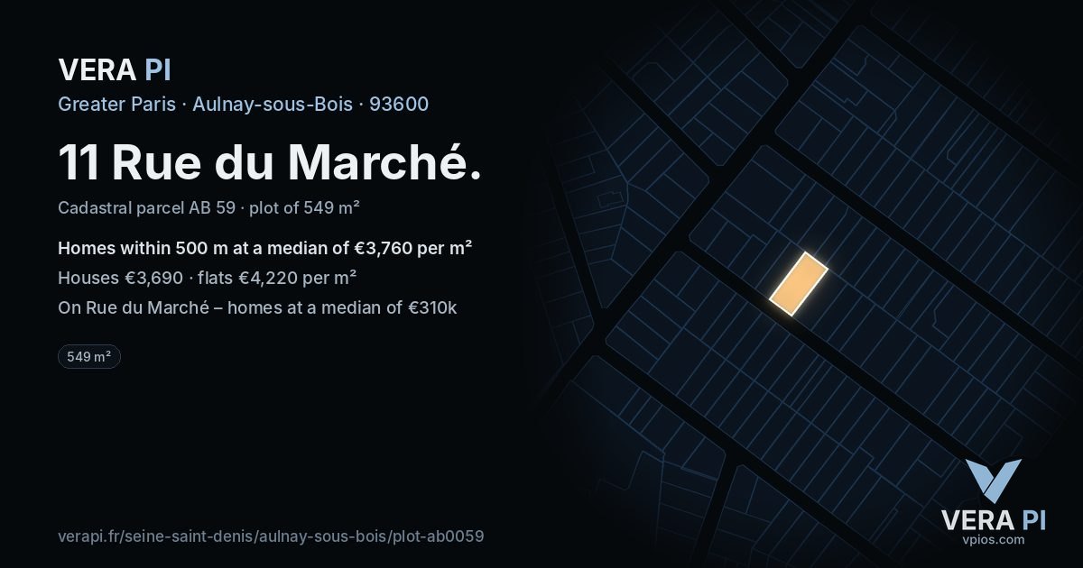 11 Rue du Marché, Aulnay-sous-Bois at night – the plot lit, the parcels around coloured by the prices near them