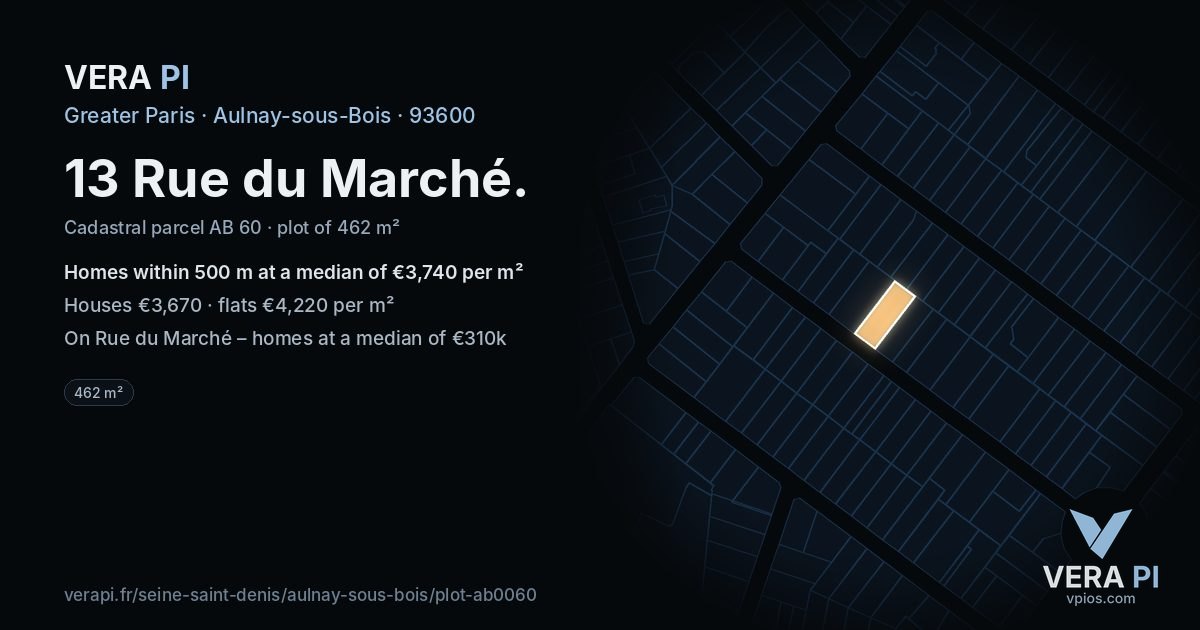 13 Rue du Marché, Aulnay-sous-Bois at night – the plot lit, the parcels around coloured by the prices near them