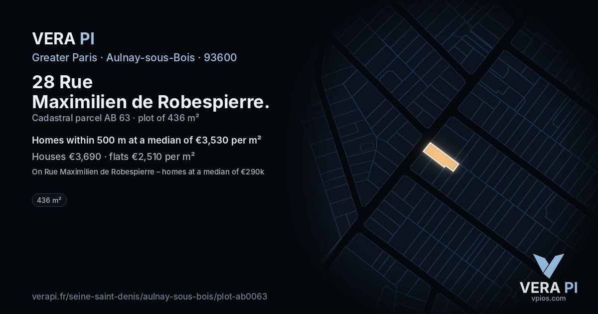 28 Rue Maximilien de Robespierre, Aulnay-sous-Bois at night – the plot lit, the parcels around coloured by the prices near them