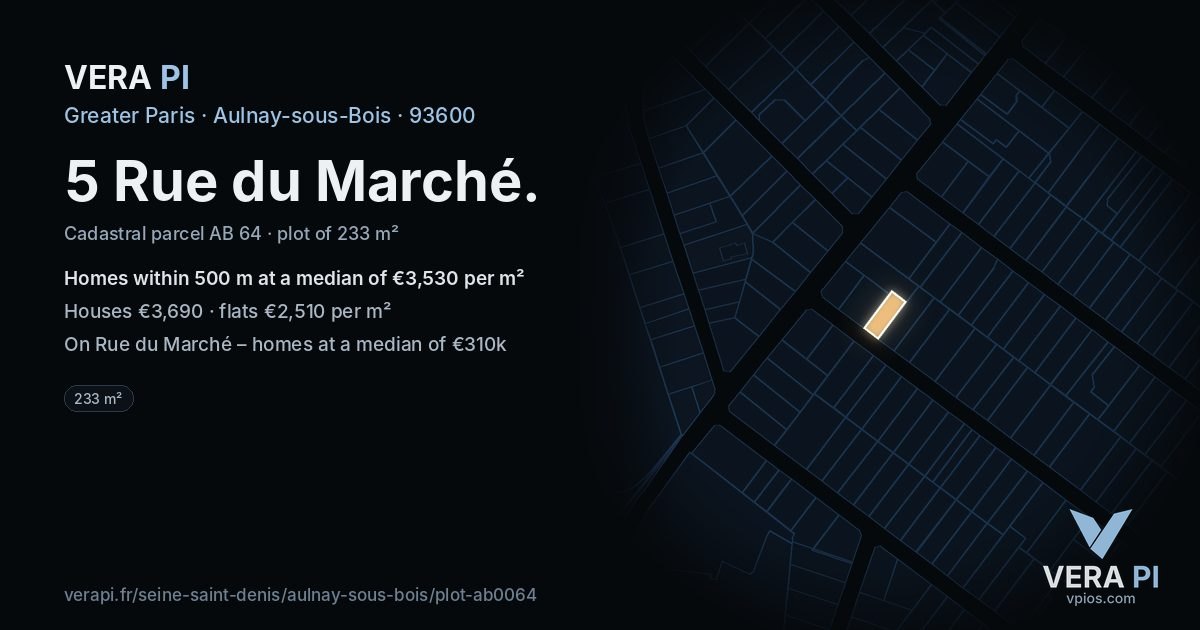 5 Rue du Marché, Aulnay-sous-Bois at night – the plot lit, the parcels around coloured by the prices near them
