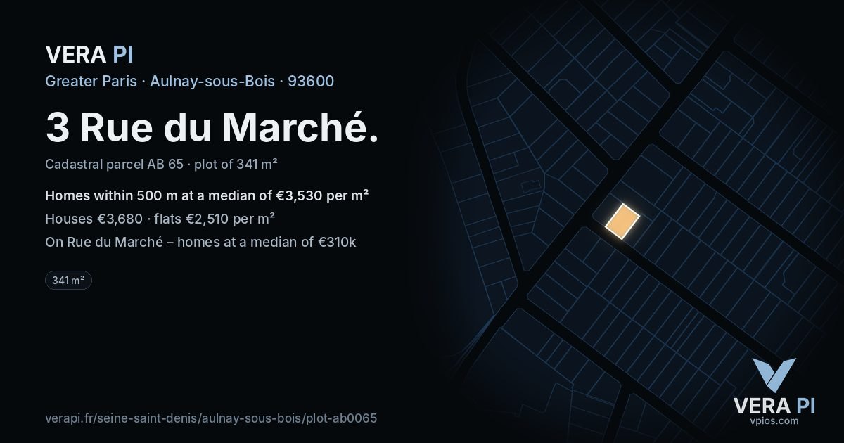 3 Rue du Marché, Aulnay-sous-Bois at night – the plot lit, the parcels around coloured by the prices near them