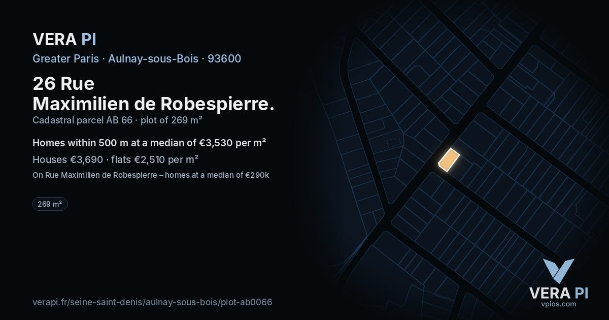 26 Rue Maximilien de Robespierre, Aulnay-sous-Bois at night – the plot lit, the parcels around coloured by the prices near them