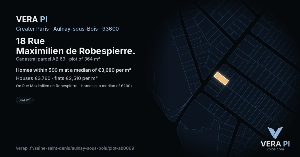 18 Rue Maximilien de Robespierre, Aulnay-sous-Bois at night – the plot lit, the parcels around coloured by the prices near them