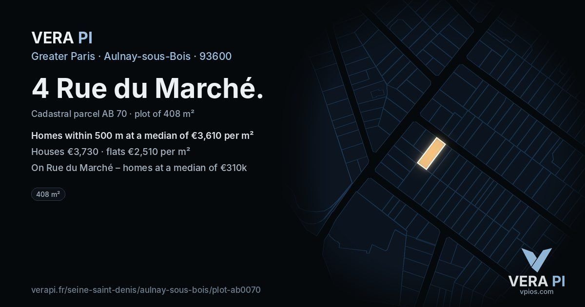 4 Rue du Marché, Aulnay-sous-Bois at night – the plot lit, the parcels around coloured by the prices near them
