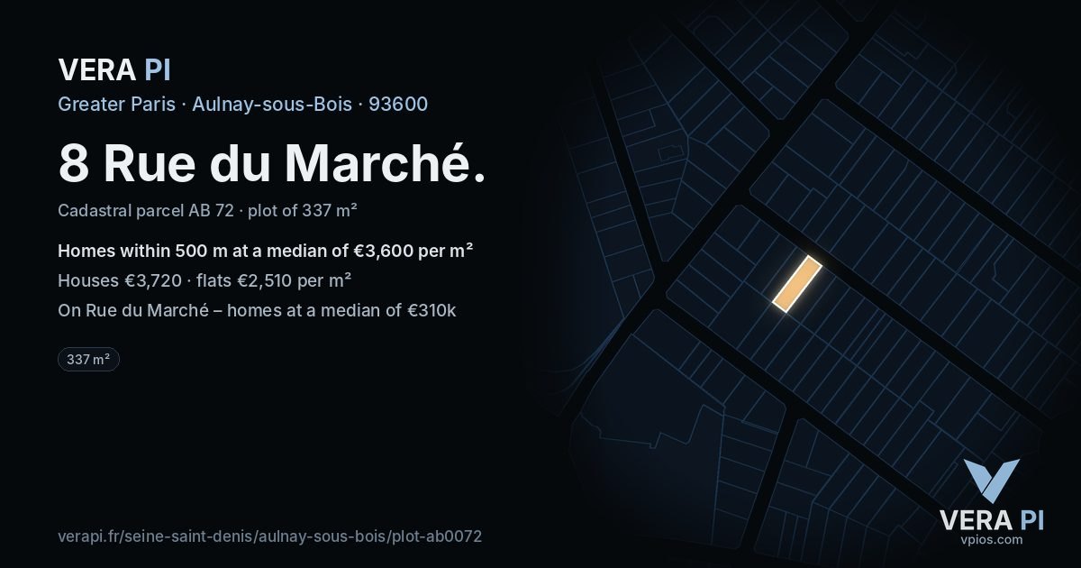 8 Rue du Marché, Aulnay-sous-Bois at night – the plot lit, the parcels around coloured by the prices near them