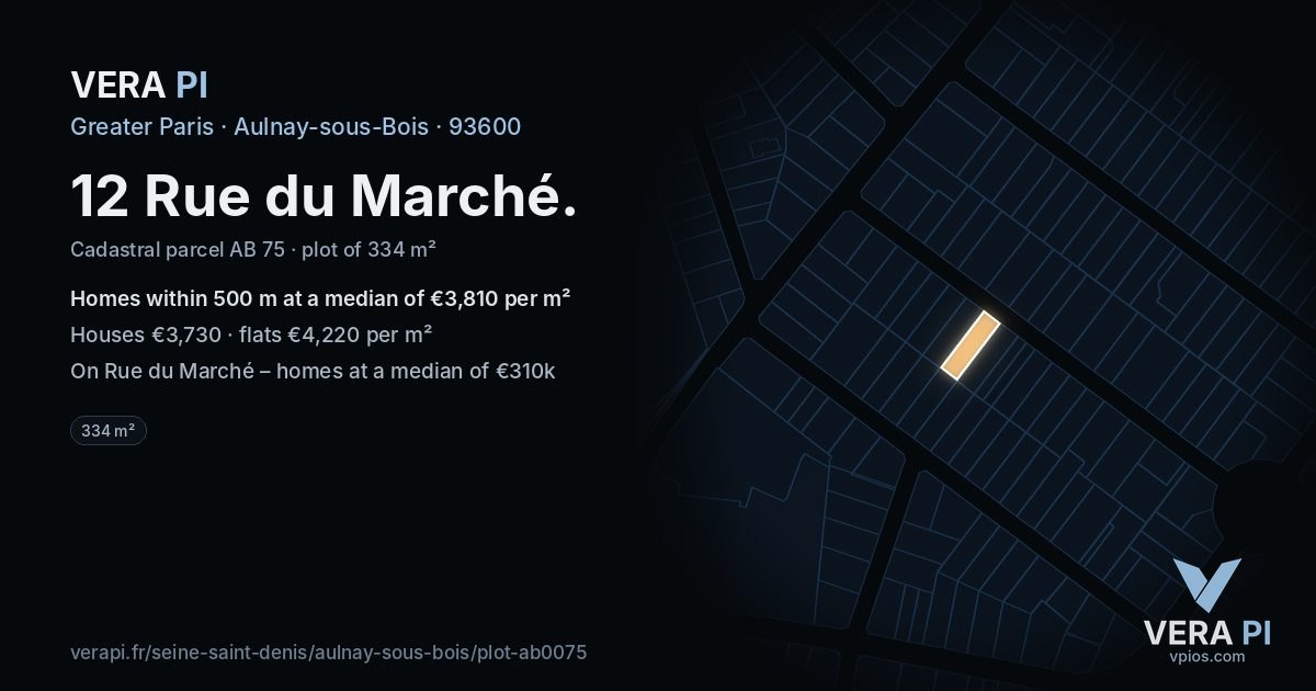 12 Rue du Marché, Aulnay-sous-Bois at night – the plot lit, the parcels around coloured by the prices near them