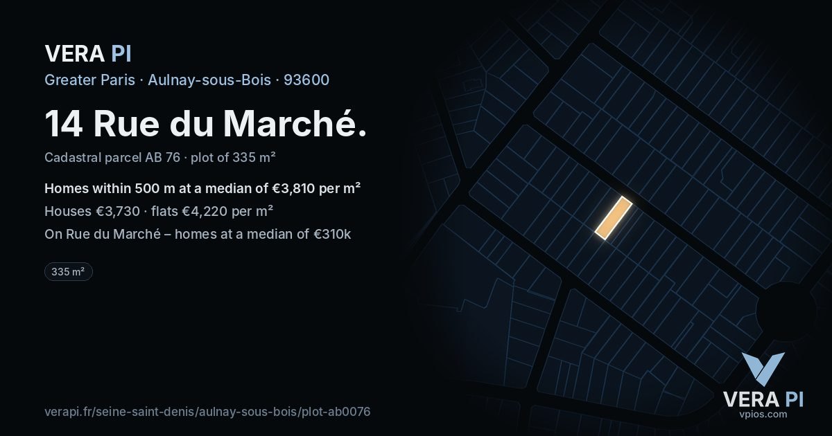 14 Rue du Marché, Aulnay-sous-Bois at night – the plot lit, the parcels around coloured by the prices near them