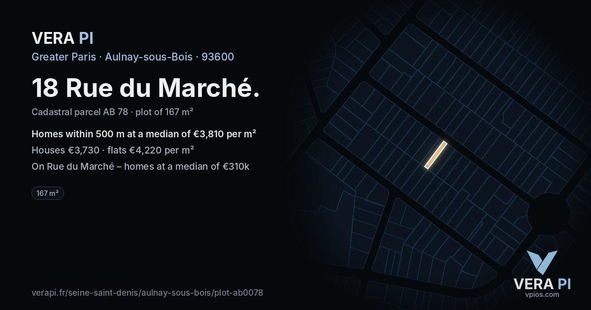 18 Rue du Marché, Aulnay-sous-Bois at night – the plot lit, the parcels around coloured by the prices near them