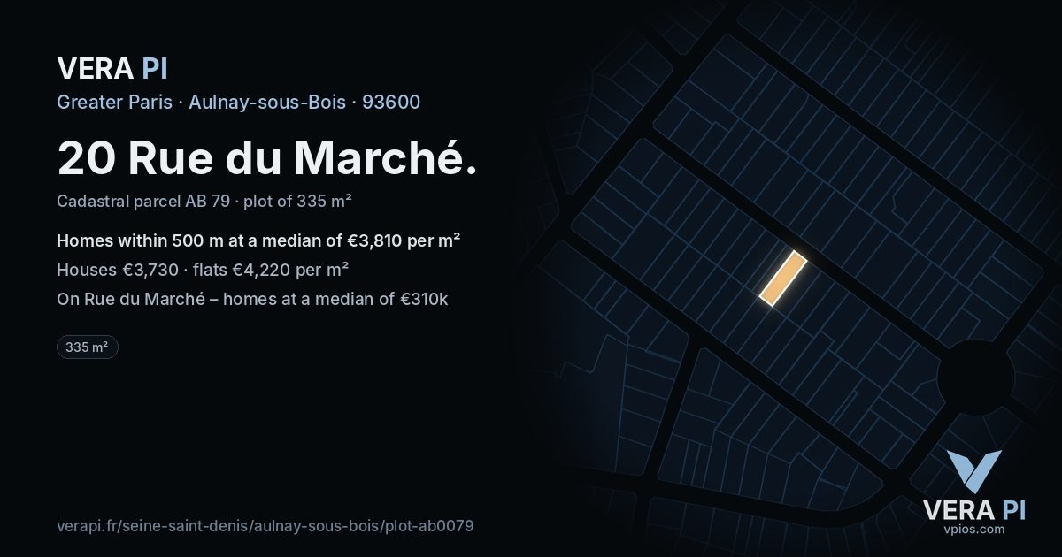 20 Rue du Marché, Aulnay-sous-Bois at night – the plot lit, the parcels around coloured by the prices near them